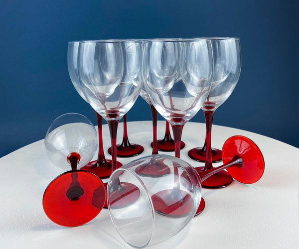 Wine Glasses with Red Stems. Set of 10 Modern Minimal Stemware. Dining and  Serving. Christmas, Valentine's Day or Daily Celebration.