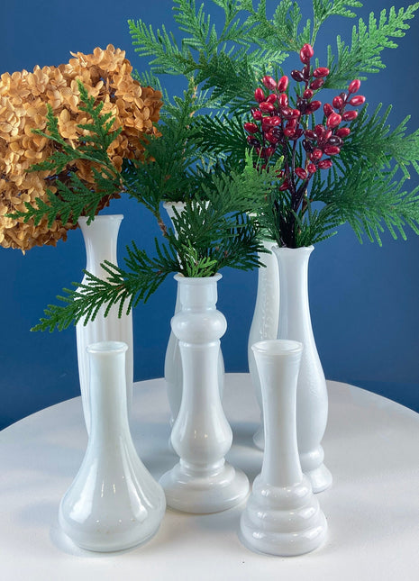 Collection of Milk Glass Vases. Set of Seven. Varying Shapes and Sizes. Contemporary Designs. White Kitchen, Dining, or Living Room Decor.