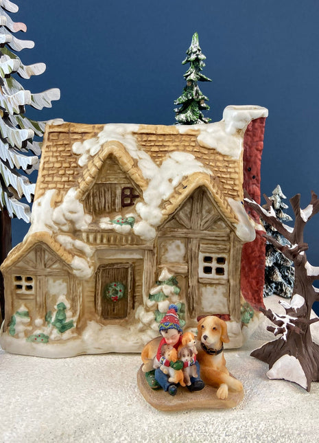 Christmas Village Rustic Cottage/Cabin with Boy & Dogs Figurine. Illuminated Porcelain Hand Painted Bldg. Home or Retail Alt. Holiday Decor.