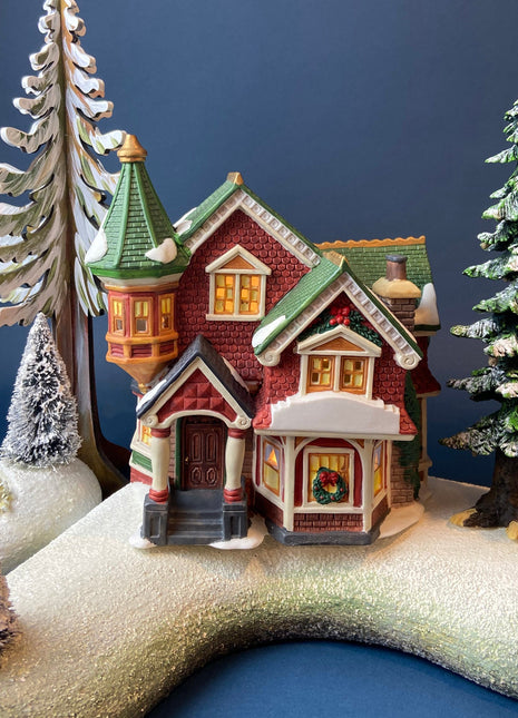 Porcelain Illuminated Red Victorian with Green Roof. Christmas Village Porcelain Building. Enchanted Holiday Decor. Home or Retail Display.