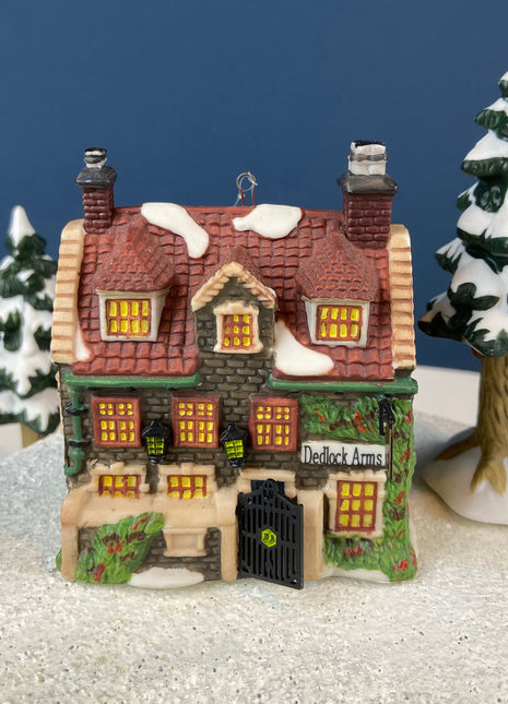 Set of 3 Tree Ornaments by Dept 56. Porcelain Hand Painted Bldgs.: Dedlock Arms, Santa's Workshop, and Dickens'Village Mill. Home or Retail.