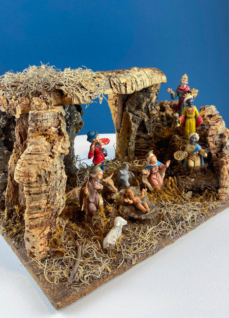 Vintage Italian Nativity Scene. Magic Cork Landscape with Moss. 9 Hand Painted Figurines. Traditional Christmas Celebration. Holiday Decor.