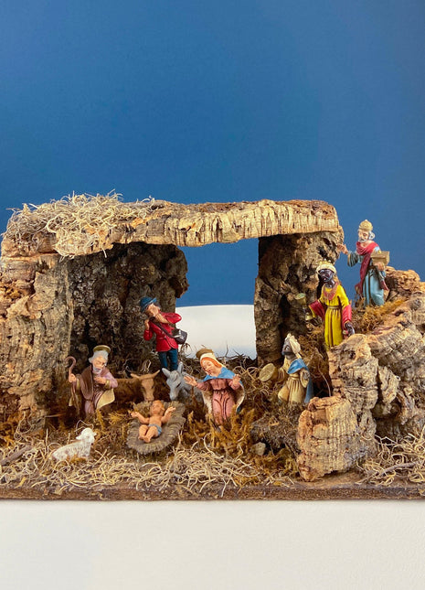 Vintage Italian Nativity Scene. Magic Cork Landscape with Moss. 9 Hand Painted Figurines. Traditional Christmas Celebration. Holiday Decor.