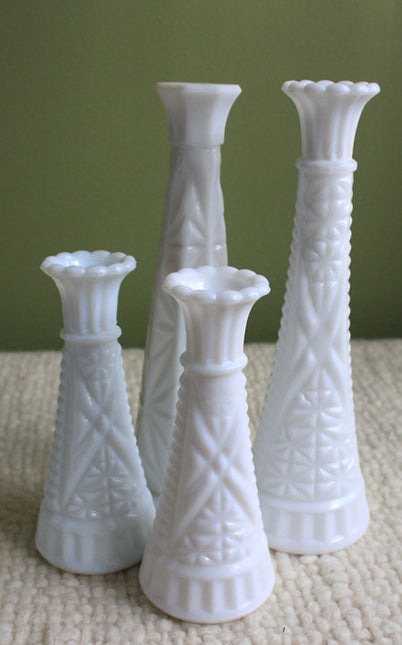 Milk Glass Vases. Collection of Four Geometric Pattern Vases. Collectible Milk Wedding Glass.