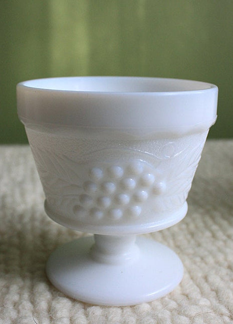 4 Milk Glass Footed Dessert Serving Dishes - Grape and Leaves Design