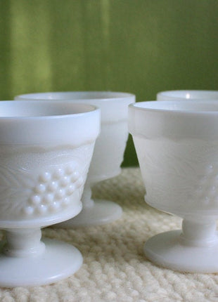 4 Milk Glass Footed Dessert Serving Dishes - Grape and Leaves Design
