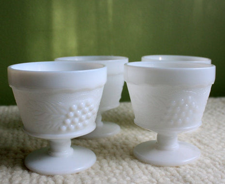 4 Milk Glass Footed Dessert Serving Dishes - Grape and Leaves Design