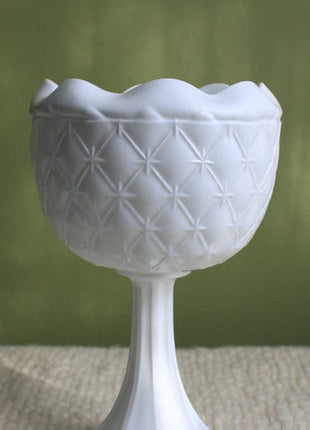 Milk Glass Footed Planter Vase and Bowl. Diamond pattern and Scalloped Rim. Milk Glass Weddings Center Piece