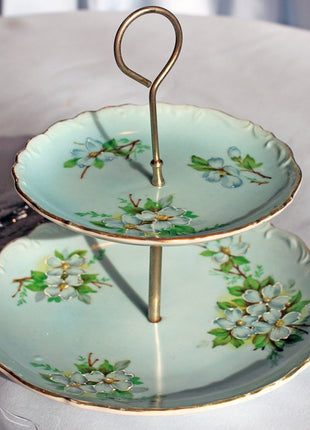 Antique Porcelain Dessert Tray.  Two Tier Tray with Metal Handle in Center. Hand Painted Apple Blossom on Porcelain.