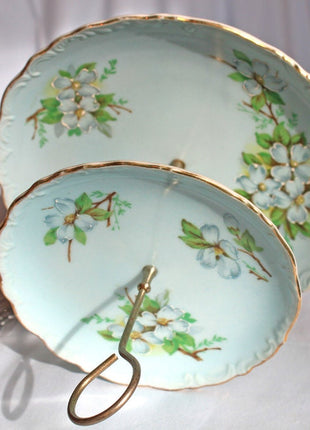 Antique Porcelain Dessert Tray.  Two Tier Tray with Metal Handle in Center. Hand Painted Apple Blossom on Porcelain.