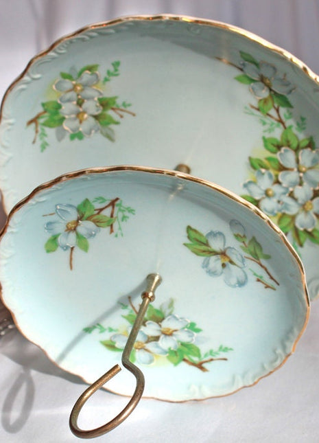 Antique Porcelain Dessert Tray.  Two Tier Tray with Metal Handle in Center. Hand Painted Apple Blossom on Porcelain.