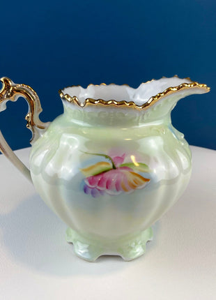 Lefton Porcelain Hand Painted Pitcher/Flower Vase. Pastel Wild Rose Motif. Ornate Gold Handle and Rim. Scalloped Foot. Dining Room Decor.