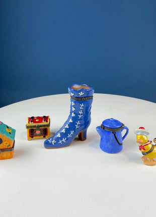 Cute Vintage Porcelain Pill Boxes. Miniature Bird House, Treasure Chest, Victorian Boot, Blue Pitcher, and Yellow Wind Up Duck. Gift for All