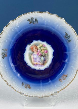 6" Salad or Dessert Plates. Set of Four Antique Royal Bavarian, Hand Painted Cobalt Blue With Women Holding Flowers. Collectible Porcelain.