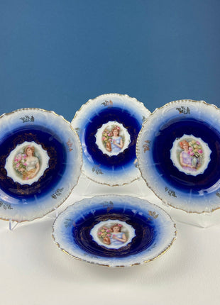 6" Salad or Dessert Plates. Set of Four Antique Royal Bavarian, Hand Painted Cobalt Blue With Women Holding Flowers. Collectible Porcelain.