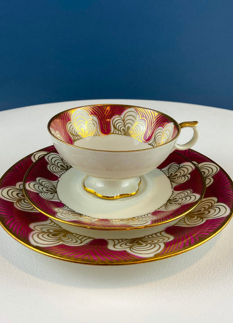 Antique Bavarian Cup, Saucer and Dessert Plate by Elgenbein Porcelain. Gold and Red Pattern. Valentine's Day Gift.