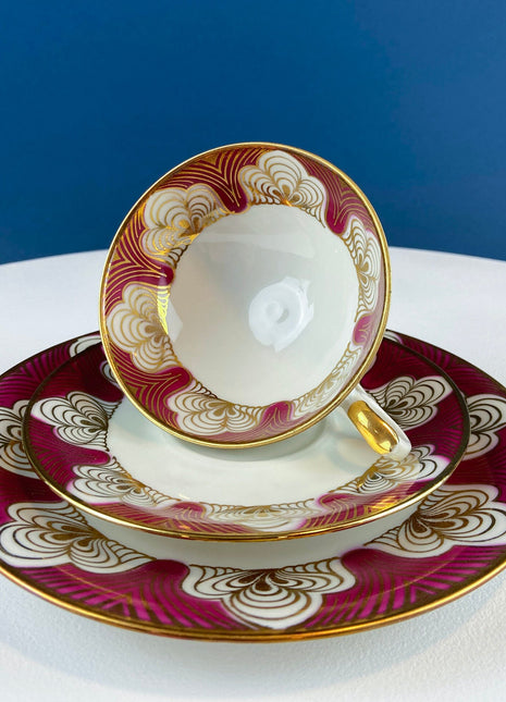 Antique Bavarian Cup, Saucer and Dessert Plate by Elgenbein Porcelain. Gold and Red Pattern. Valentine's Day Gift.