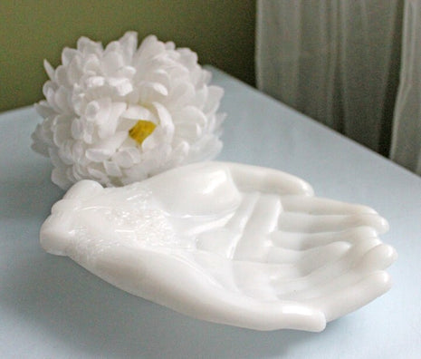 Milk Glass Hand Shaped Soap Dish by Westmoreland. Trinket Tray or Decorative Bathroom Item.