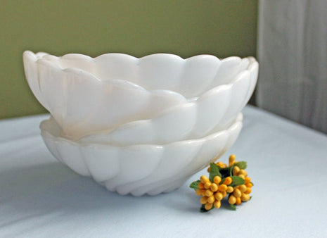 Berry Bowl. Small Milk Glass Bowl.  Bowl with Scalloped Edge and Wave Ribbed Outside Wall. Translucent  Milk Glass Trinket  Bowl.