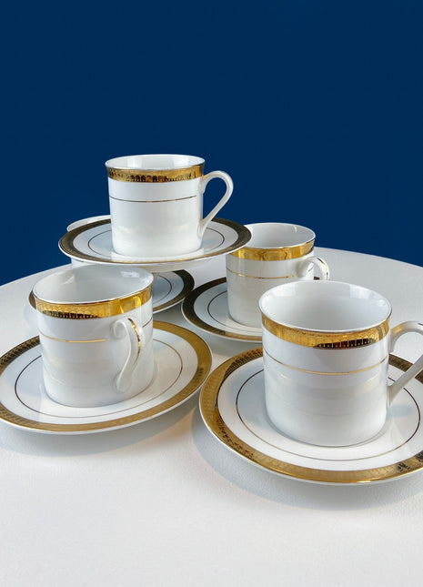 New Traditions Cups & Saucers. Classic Wed. Band China. White with Gold Embossed Band. Set of 5. Dining Room Decor. Wedding Registry/Gift.