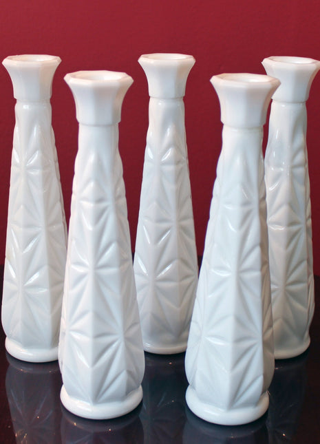 Milk Glass Vases. Collection of 5 Identical Vases Decorated with Geometrical Pattern. Rim is Flat.