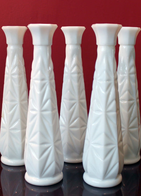 Milk Glass Vases. Collection of 5 Identical Vases Decorated with Geometrical Pattern. Rim is Flat.