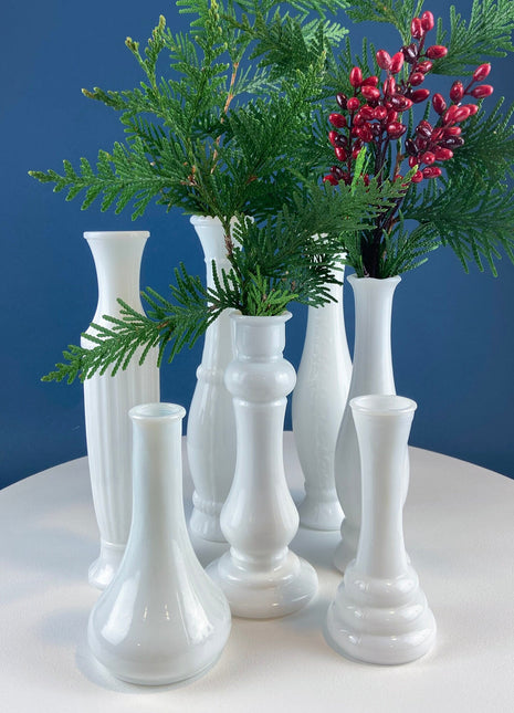 Collection of Milk Glass Vases. Set of Seven. Varying Shapes and Sizes. Contemporary Designs. White Kitchen, Dining, or Living Room Decor.