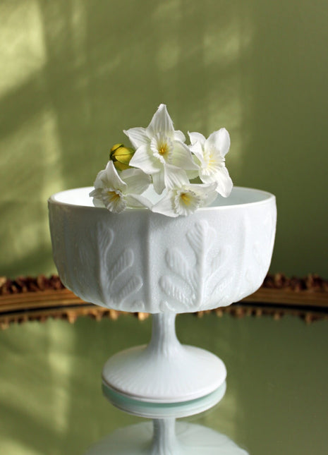 Milk Glass Compotes with Oak Leaf Design. Set of Two Footed Bowls.