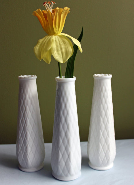 Collection of 3 Milk Glass Vases with Diamond Pattern - Vintage Home Decor