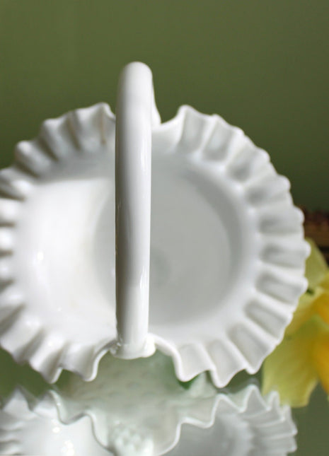 Fenton Crystal Basket.  Milk Glass Hobnail Pattern Basket with Ruffled Rim.  Colectible Home  or Wedding Milk Glass.