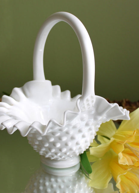 Fenton Crystal Basket.  Milk Glass Hobnail Pattern Basket with Ruffled Rim.  Colectible Home  or Wedding Milk Glass. White Glass, Vintage housewares, Antique kitchenware, Retro home decor, Vintage tableware, Antique glassware, Vintage homewares, Retro decorative items