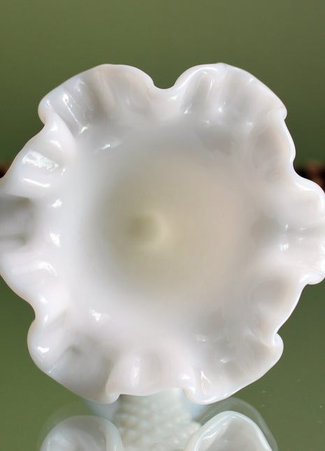 Fenton Milk Glass Vase. Small Vase with Hobnail Pattern. Vase with Graded Hobnail, Ruffled and Scalloped Rim.