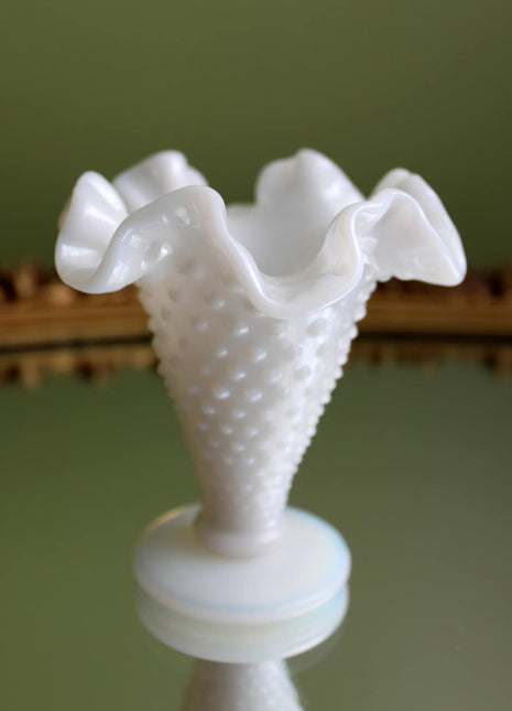 Fenton Milk Glass Vase. Small Vase with Hobnail Pattern. Vase with Graded Hobnail, Ruffled and Scalloped Rim.