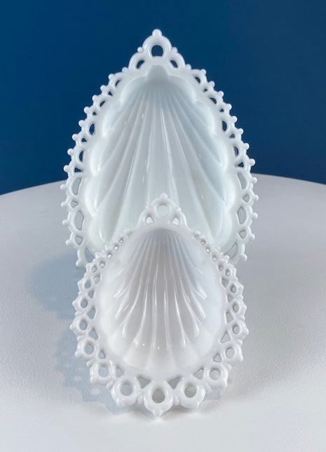 Milk Glass Tear Drop Small Serving Dishes with Fluting & Lacy Brim. Set of 2 White Serving Dishes. Kitchen, Bath Decor. Condiment, Soap Dish