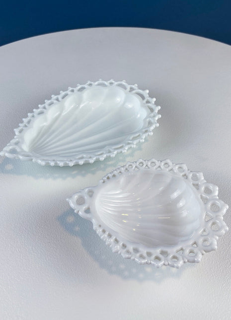 Milk Glass Tear Drop Small Serving Dishes with Fluting & Lacy Brim. Set of 2 White Serving Dishes. Kitchen, Bath Decor. Condiment, Soap Dish