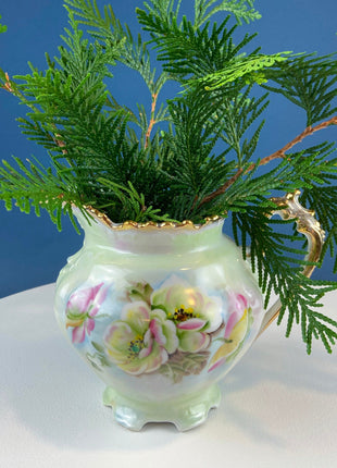 Lefton Porcelain Hand Painted Pitcher/Flower Vase. Pastel Wild Rose Motif. Ornate Gold Handle and Rim. Scalloped Foot. Dining Room Decor.