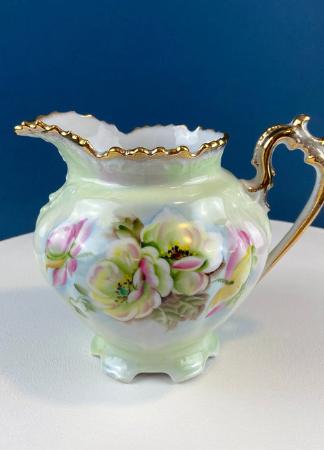 Lefton Porcelain Hand Painted Pitcher/Flower Vase. Pastel Wild Rose Motif. Ornate Gold Handle and Rim. Scalloped Foot. Dining Room Decor.