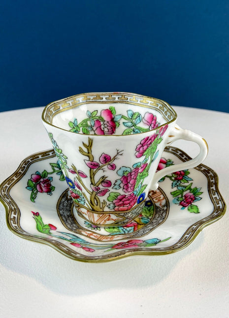 Vintage Royal Coalport Tea Cup and Saucer. Made in England. Stunning Hand Painted Asian Floral Motif. Peonies and Trees. Dining Room Decor.