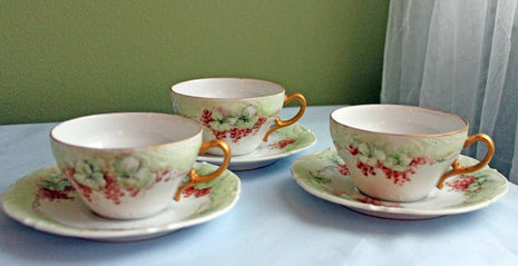 Antique Tea Cup with Saucer. Porcelain Tea Set with Hand Painted Current Fruit and Leaves, Scalloped Rim and Embossed Decoration.