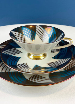 Antique Bavarian Porcelain Tea Trio. Porcelain Cup, Saucer, Dessert Plate in Gold Green White. Tea Set by Z & Co, Tirchenreuth, 20, Bavaria.