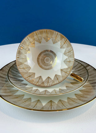 Antique Bavarian Porcelain Tea Trio. Porcelain Cup, Saucer, Dessert Plate in Gold Green White. Tea Set by Z & Co, Tirchenreuth, 20, Bavaria.