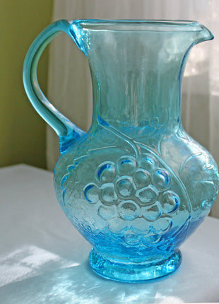 Blue Glass Pitcher with Embossed Grapes and Leaves