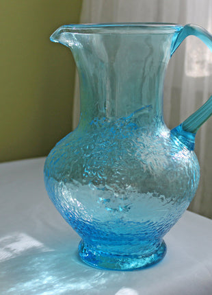 Blue Glass Pitcher with Embossed Grapes and Leaves