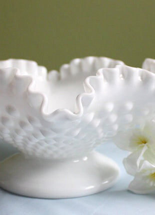 Fenton Crystal Hobnail Milk Glass Short Footed Bowl - Double Ruffled Scalloped Rim