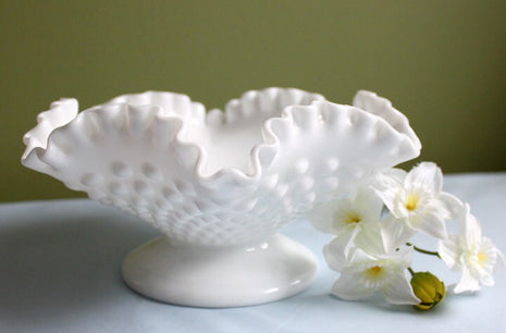 Fenton Crystal Hobnail Milk Glass Short Footed Bowl - Double Ruffled Scalloped Rim