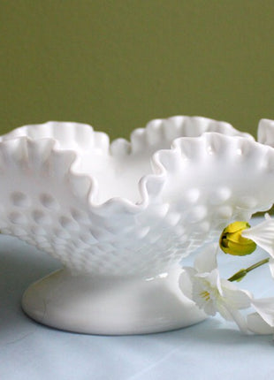 Fenton Crystal Hobnail Milk Glass Short Footed Bowl - Double Ruffled Scalloped Rim