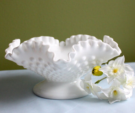 Fenton Crystal Hobnail Milk Glass Short Footed Bowl - Double Ruffled Scalloped Rim