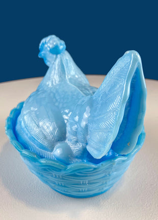 Lt. Blue Milk Glass Hen in a Basket. Milk Glass Chicken Sitting on Eggs in a Basket. Butter Dish, Storage Bowl with Lid. Collectible Hen.