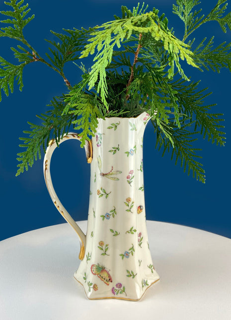 Vintage Water, Juice, Milk Pitcher or Flower Vase. Beautiful Insects and Flowers Motif. Fine Bone China. Bohemian Chic. Dining Room Decor.