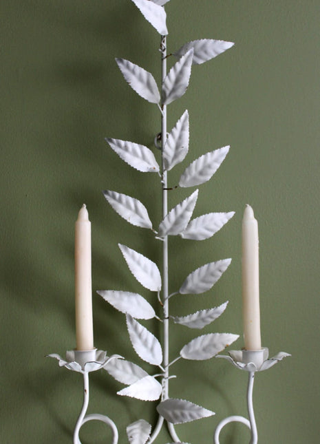 Vintage Candle Holder. Wall Hanging Metal Candle Holder with Leaves on Stem.